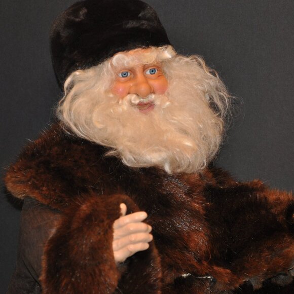 Old World Woodland Santa Handmade Upcycled Leather Beaver Fur Coat 26" Tall - Picture 2 of 10